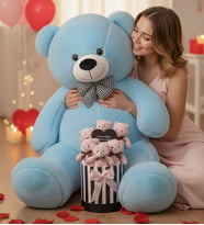 Sevgililer Günü Hediyesi 90 Cm Peluş Ayı + Aynalı Mesajlı Silindir Ayıcık Buketi  Romantik Sevgiliye Kıza Özel Set (Açık Mavi)