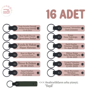 Düğün Etkinliklerinde Misafire Hediye, 16'lı Set, Kişisel Yazılı Deri Anahtarlık, Pudra & Yeşil