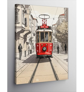 Kanvas Tablo Kırmızı Tramvay Sokak Manzarası