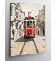 Kanvas Tablo Kırmızı Tramvay Sokak Manzarası