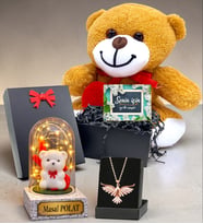 Kişiye Özel Kalpli Peluş Ayıcıklı Süper Hediye Seti & Led Işıklı Fanuslu (Model 4)