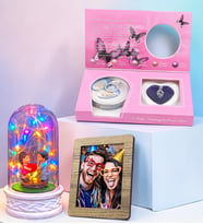 Kişiye Özel Fotoğraflı Renkli Led Işıklı Fanus & İstiridye İnci Kolye Hediye Seti (Model 7)