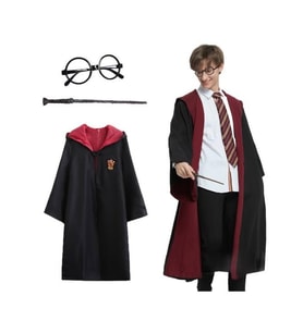 Harry Potter Gryffindor Kapişonlu Çocuk Kostüm + Asa + Gözlük Seti 5-6 Yaş (5343)