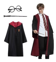 Harry Potter Gryffindor Kapişonlu Çocuk Kostüm + Asa + Gözlük Seti 5-6 Yaş (5343)