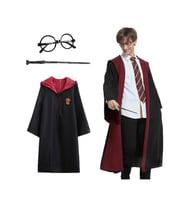 Harry Potter Gryffindor Kapişonlu Çocuk Kostüm + Asa + Gözlük Seti 5-6 Yaş (5343)