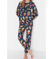 Tarz Rahat Uzun Kollu Boru Paça Nakışlı Desenli Sweatshirt-Jogger Örme Pijama Takımı (Çok Renkli)