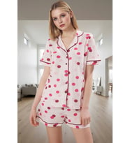 Kadın Puantiyeli Pamuklu Kısa Kollu Pijama Takımı Ev Giyim Rahat Tasarım Zarif (Açık Pembe)
