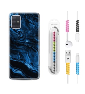 Samsung a71 A72 A73 A7 A9 2018 C7 C9 Kılıf Kablo Koruma Spiral Silikon Blue MArble 1379