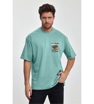 Erkek Oversize %100 Pamuk Çiçek Baskılı T-shirt Yeşil Edw048