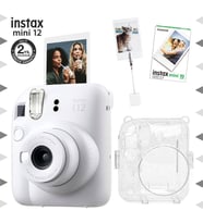 Instax mini 12 Beyaz Fotoğraf Makinesi-10'lu Film-Kıskaçlı Resim Standı ve Simli Pleksi Kılıf Seti