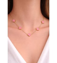 Gold Renk Minimal Yonca Desenli Çelik Kolye (Açık Pembe)