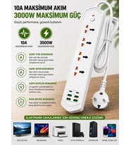 4’lü Akım Korumalı Evrensel Priz 3000W 10A, 2 Type-C + 4 USB-A, 2 Metre Kablolu Çoklu Priz