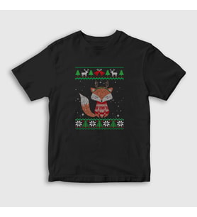 Presmono Unisex Çocuk Siyah Yılbaşı Fox Tilki T-Shirt 368299tt