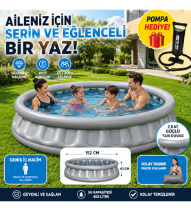 Şişme Aile Havuzu 152x43 cm Metalik Gri Bahçe ve Balkon Çocuk Havuzu El Pompası Hediyeli