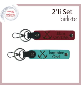 Yelkenli Ruhunu Taşıyan Sevdiklere Anlamlı Hediyelik, Çıpa Temalı Deri Set, Kırmızı-Koyu Turkuaz (Çok Renkli)