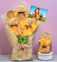 Kişiye Özel Fotoğraflı Led Işıklı Peluş Ayıcık Buketi ve Led Işıklı Biblolu Fanus (Model 6)