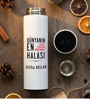 Kişiye Özel Halaya Hediye Filtreli Dijital Göstergeli Termos Anneler Günü Hediyesi (Beyaz)