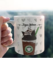 Kişiye Özel Sevimli Kahve sever Kedi  Tasarımlı Kupa (Beyaz)