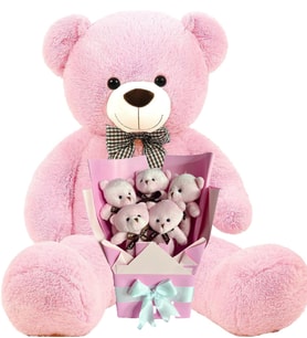 Sevimli 90 cm Peluş Ayı ile  Pembe Peluş Ayıcık Buketi- Sevdiklerinize; Doğum Günü, Yıldönümü, Özel Gün
