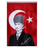 Türk Bayrağı Kalpaklı Atatürk Posterli Saten Türk Bayrağı K.Atatürk İmzalı Türk Bayrağı 70x100