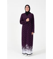 Noktalı Çiçek Desen Kruvaze Namaz Elbisesi – %100 Viskon, Yandan Bağlamalı, Rahat Kalıp 36-46 Beden (Mor)