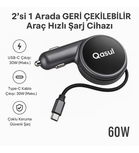 2’si 1 Arada Geri Çekilebilir Kablolu Araç Hızlı Şarj Cihazı – 60W