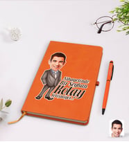 BK Gift Kişiye Özel Erkek Nihayetinde Karikatürlü Turuncu Termo Deri Defter Kalem Seti Model 1
