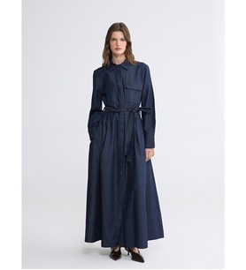 LCWAIKIKI Classic İndigo Gömlek Yaka Beli Kuşaklı Jean Elbise
