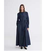 LCWAIKIKI Classic İndigo Gömlek Yaka Beli Kuşaklı Jean Elbise