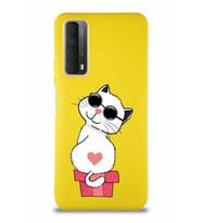 Huawei Y7A Soft Premier Kapak Coolcat Tasarımlı Silikon Kılıf - Sarı (Şeffaf)