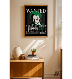 One Piece Zoro Wanted Poster, Ahşap Çerçeveli Duvar Tablosu - Anime Severlere Özel