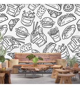 Fast-Food Desenli Cafe Duvar Kağıdı Baskı