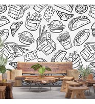 Fast-Food Desenli Cafe Duvar Kağıdı Baskı