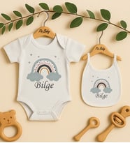 Pia Baby Premium %100 Pamuk İsme Özel Organik Baskılı Çıtçıtlı Bebek Body Ve Önlük 5027-20 (Ekru)