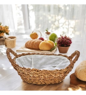 El Yapımı Doğal Hasır Kulplu Çok Amaçlı Dekoratif Oval Sepet, Hasır Kulplu Ekmek Sepeti (27x18x8 cm)