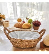 El Yapımı Doğal Hasır Kulplu Çok Amaçlı Dekoratif Oval Sepet, Hasır Kulplu Ekmek Sepeti (27x18x8 cm)