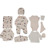 Unisex  Ekru Bisiklet Ağaçlı Piknik Desenli Organik 10 Parça Hastane Çıkış Seti (Standart)