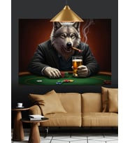 Kurt Poker Oynarken Dekoratif Kanvas - Mdf Ahşap Tablo
