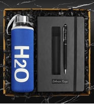 Özel Mavi Kılıflı Cam Şişe Matara & Kişiye Özel Defter & Kişiye Özel Deri Kılıflı Touch Pen Kalem Hediye Seti