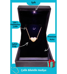 Işıklı Premium Kutuda  İkiye Ayrılmış Kalp Kolyesi Gold Çelik Kolye  Kararmaz  Hediye Paketi