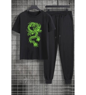 Unisex Chinese DragonBaskılı 2'li Eşofman Takımı (Siyah)