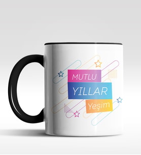 Kişiye Özel Mutlu Yıllar Yıldızlı Tasarımlı Siyah Kupa (Siyah)