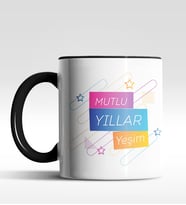 Kişiye Özel Mutlu Yıllar Yıldızlı Tasarımlı Siyah Kupa (Siyah)