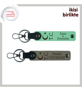 Kişiye Özel Hediye, Ay Yıldız TC Desenli İsim & Soyisim Yazılı Anahtarlık Takım, Açık Yeşil-Kül Gri