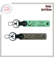 Kişiye Özel Hediye, Ay Yıldız TC Desenli İsim & Soyisim Yazılı Anahtarlık Takım, Açık Yeşil-Kül Gri