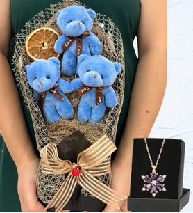 Büyük Boy 3'lü Tasarım Peluş Ayıcık Buketi ve Gerçek Ametist Taşlı Lotus Kolye (Model 3)