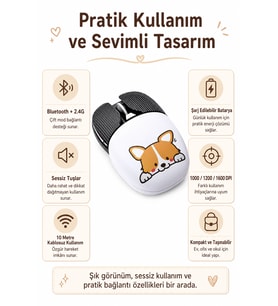 Şarjlı Bluetooth 2.4G Sessiz Kablosuz Mouse Köpek Desenli