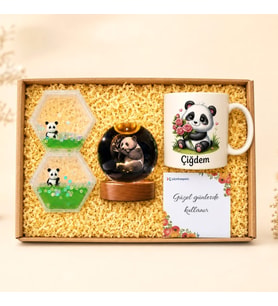 Kişiye Özel Panda Kupa Bardak Kum Saati & Panda Cam Küre Hediye Kutusu
