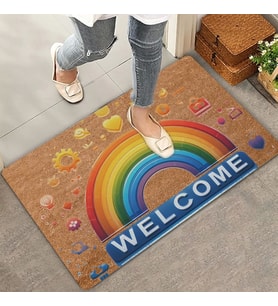 Valerine Life Emojili Gökkuşağı Welcome Kapı Önü Paspası 45x70cm (Kahverengi)