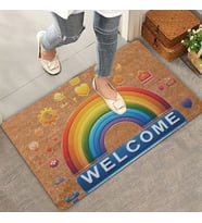 Valerine Life Emojili Gökkuşağı Welcome Kapı Önü Paspası 45x70cm (Kahverengi)